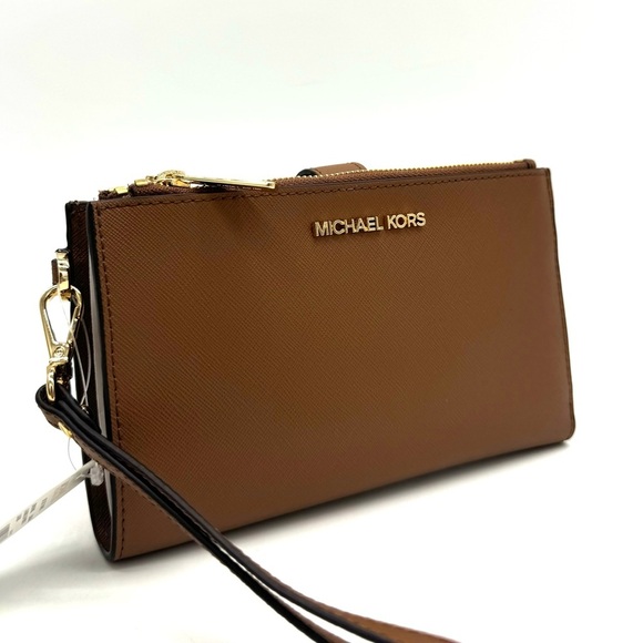 Michael Kors Large Double Zip Wallet Wristlet Luggage Brown - Picture 1 of 9
